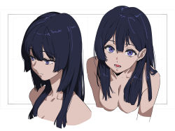 Rule 34 | 1girl, bare shoulders, black hair, breasts, cleavage, closed mouth, collarbone, expressionless, hibike! euphonium, highres, kamo kamen, kousaka reina, long hair, looking at viewer, looking up, multiple views, open mouth, purple eyes, simple background, solo, upper body, white background