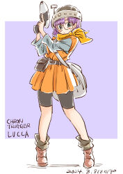 Rule 34 | 1girl, absurdres, belt, bike shorts, character name, chrono trigger, closed mouth, copyright name, dated, full body, glasses, gun, hari tabo42, helmet, highres, holding, holding gun, holding weapon, looking at viewer, lucca ashtear, purple hair, scarf, short hair, skirt, solo, weapon