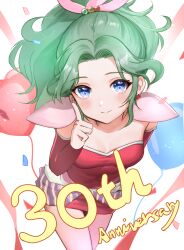 Rule 34 | 1girl, absurdres, anniversary, armor, balloon, blue eyes, closed mouth, commentary request, confetti, detached sleeves, dress, earrings, final fantasy, final fantasy vi, green hair, heart balloon, highres, index finger raised, jewelry, long hair, looking at viewer, ponytail, short dress, shoulder armor, smile, solo, strapless, strapless dress, tina branford, yua 666666