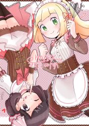 Rule 34 | 2girls, ;), absurdres, alternate costume, apron, belt, black choker, blonde hair, blush, buttons, chocolate, chocolate on face, choker, clenched hand, closed mouth, collarbone, commentary request, creatures (company), eyelashes, food, food on face, frills, game freak, green eyes, hair ribbon, hands up, happy valentine, heart, highres, holding, holding whisk, lillie (pokemon), long hair, long sleeves, looking at viewer, maid headdress, monaka (monaka alola), multiple girls, nintendo, one eye closed, pokemon, pokemon sm, ribbon, selene (pokemon), shirt, shorts, skirt, smile, split mouth, thighhighs, valentine, waist apron, whisk, white apron