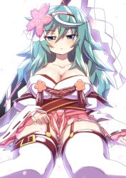 Rule 34 | 1girl, alternate costume, armpits, blue eyes, blue hair, blush, breasts, cleavage, flower, hair between eyes, hair flower, hair ornament, half-closed eyes, japanese clothes, kimono, large breasts, long hair, looking at viewer, mary skelter, miko, mizunashi (second run), shide, simple background, sleeping beauty (mary skelter), solo, thigh strap, thighhighs, thighs, white background, white thighhighs