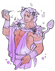 Rule 34 | 1boy, :q, ancient greek clothes, astraea f, cropped torso, cup, dark-skinned male, dark skin, dionysus (hades), food, food-themed hair ornament, fruit, grapes, greco-roman clothes, hades (series), hades 1, hair ornament, limited palette, long hair, low-tied long hair, male focus, pectorals, purple eyes, purple hair, staff, tongue, tongue out