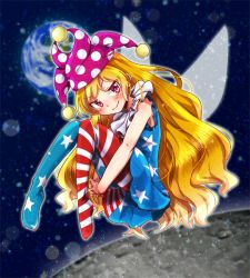 Rule 34 | 1girl, american flag dress, american flag legwear, blonde hair, blush, closed mouth, clownpiece, dress, earth (planet), fairy wings, full body, hat, head tilt, jester cap, long hair, looking at viewer, moon, namino., neck ruff, pantyhose, planet, polka dot, red eyes, short dress, sleeveless, smile, solo, space, star (symbol), striped clothes, striped pantyhose, touhou, v arms, very long hair, wings