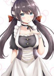 Rule 34 | 1girl, azur lane, black dress, black hair, black legwear, blue eyes, blush, breasts, choker, cleavage, closed mouth, commentary request, dress, glasgow (azur lane), hayashi maka, highres, large breasts, long hair, looking at viewer, low twintails, maid, maid headdress, puffy short sleeves, puffy sleeves, short sleeves, solo, twintails, wrist cuffs
