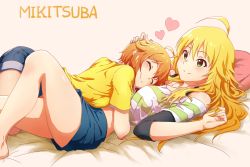 Rule 34 | 10s, 2girls, absurdres, ahoge, ayano yuu (sonma 1426), bare legs, barefoot, bed, blonde hair, blush, breasts, brown hair, closed eyes, female focus, girl on top, green eyes, heart, highres, hoshii miki, hug, ibuki tsubasa, idolmaster, idolmaster (classic), idolmaster million live!, legs, long hair, looking at another, lying, lying on person, messy hair, multiple girls, navel, on back, on stomach, short hair, simple background, skirt, smile, waist hug, yuri