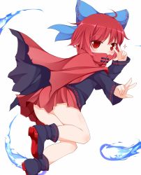 Rule 34 | 1girl, bow, cape, hair bow, hitodama, looking back, md5 mismatch, nikku (ra), red eyes, red hair, sekibanki, solo, thighs, touhou, v over eye