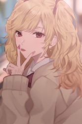 Rule 34 | 1girl, absurdres, blonde hair, blurry, blurry background, blush, cardigan, collared shirt, commentary request, earrings, hair ribbon, hand up, highres, jewelry, kyatatsu, long hair, long sleeves, looking at viewer, nail polish, nijisanji, pink nails, polka dot, portrait, red eyes, red neckwear, ribbon, shirt, solo, takamiya rion, tongue, tongue out, twintails, v, virtual youtuber, white shirt