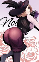 Rule 34 | 1girl, ass, black feathers, black leggings, brown eyes, curly hair, eye mask, feathers, flower, from behind, gloves, hat, hat feather, highres, holding, holding mask, leaning forward, leggings, light brown hair, looking at viewer, mask, okumura haru, open mouth, persona, persona 5, pink background, pink flower, pink rose, pppppknw, puffy shorts, purple gloves, rose, short hair, shorts, smile, solo, standing, standing on one leg, twitter username