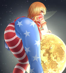 Rule 34 | 1girl, adworse, american flag dress, american flag legwear, arm support, ass, bent over, blonde hair, clownpiece, dress, fairy wings, from behind, grey background, highres, long hair, moon, no headwear, pantyhose, pink eyes, profile, short dress, short sleeves, sky, solo, standing, star (sky), star (symbol), star print, starry sky, striped, touhou, transparent wings, wings