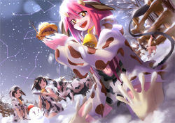 Rule 34 | 4girls, animal ears, animal print, bell, neck bell, black hair, collar, cow, cow ears, cow print, cow tail, highres, holding, hood, hoodie, kamogawa shuujin, multiple girls, navel, open mouth, red hair, smile, snow, snowflakes, snowman, tail