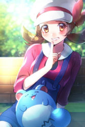 Rule 34 | 1girl, :d, amegnco3, blue shorts, blush, bow, brown eyes, brown hair, closed eyes, collarbone, creatures (company), day, finger to mouth, game freak, gen 2 pokemon, grin, hat, hat bow, hat ribbon, index finger raised, leaning to the side, lens flare, long hair, long sleeves, looking at viewer, lyra (pokemon), marill, nintendo, open mouth, outdoors, pokemon, pokemon (creature), pokemon hgss, red bow, red shirt, ribbon, shirt, short shorts, shorts, shushing, sitting, sleeping, smile, suspender shorts, suspenders, twintails, white headwear