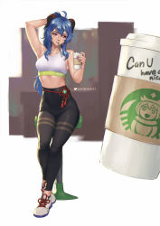 Rule 34 | 1girl, ahoge, ankle socks, arm up, armpits, black footwear, black horns, black pants, blue hair, brand name imitation, breasts, commentary, contemporary, cup, disposable cup, drinking straw, english commentary, fingernails, full body, ganyu (genshin impact), genshin impact, goat horns, hand in own hair, high-waist pants, highres, horns, long hair, medium breasts, mouth hold, nail polish, pants, purple eyes, purple nails, shiny skin, shoes, sidelocks, sitting, sneakers, socks, solo, sports bra, starbucks, stool, strigi signum, sweat, tight clothes, tight pants, twitter username, white footwear, white sports bra, yoga pants