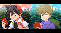 Rule 34 | 2boys, :q, backwards hat, baseball cap, black hair, black shirt, blue oak, brown eyes, brown hair, clenched hand, closed mouth, cloud, commentary request, creatures (company), day, game freak, green bag, hair between eyes, hands up, hat, holding, jacket, kibisakura2, letterboxed, male focus, multiple boys, nintendo, outdoors, pokedex, pokemon, pokemon adventures, red (pokemon), shirt, short sleeves, sky, smile, spiked hair, t-shirt, tongue, tongue out, tree