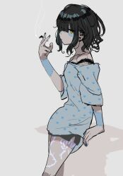 Rule 34 | 1girl, bags under eyes, black hair, cigarette, floral print, holding, holding cigarette, indie virtual youtuber, leg tattoo, one eye covered, patchwork skin, seimannu, shirt, simple background, solo, tattoo, virtual youtuber, yosumi (vtuber)