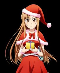 Rule 34 | 10s, 1girl, asuna (sao), bow, bowtie, box, brown eyes, brown hair, capelet, cowboy shot, dress, gift, gift box, hat, head tilt, holding, holding box, long hair, looking at viewer, red bow, red bowtie, red dress, red hat, santa costume, santa hat, sheath, sheathed, solo, standing, sword, sword art online, transparent background, very long hair, weapon, wrist cuffs