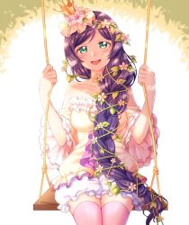 Rule 34 | 10s, 1girl, blush, braid, breasts, crown, dress, flower, green eyes, hair flower, hair ornament, hair over shoulder, hair vines, head tilt, hoshisakura (starblossom), long hair, looking at viewer, love live!, love live! school idol festival, love live! school idol project, mini crown, open mouth, pink thighhighs, purple hair, short dress, single braid, sitting, smile, solo, strapless, strapless dress, swing, thighhighs, tojo nozomi, very long hair