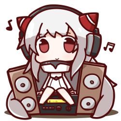 Rule 34 | 10s, 1girl, abyssal ship, airfield princess, chibi, headphones, horns, kantai collection, long hair, looking at viewer, musical note, nuu (nu-nyu), quaver, red eyes, silver hair, simple background, sitting, sitting on object, solo, speaker, white background
