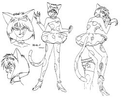 Rule 34 | 1990s (style), 1girl, :3, animal ears, bishoujo senshi sailor moon, bishoujo senshi sailor moon s, breast hold, breasts, cat ears, cat girl, cat tail, character sheet, close-up, collar, collarbone, colored skin, daimon (sailor moon), dress, evil smile, female focus, full body, grin, highres, looking at viewer, monochrome, monster girl, multiple views, nekonneru (sailor moon), no humans, official art, pointy ears, purple skin, retro artstyle, shiny skin, smile, solo, standing, tail, tattoo, thick thighs, thighs, toei animation