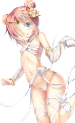 Rule 34 | 1girl, bandaged arm, bandaged leg, bandages, bikini, bikini bottom only, blue eyes, breasts, detached sleeves, double bun, fate/grand order, fate (series), frankenstein&#039;s monster (fate), frankenstein&#039;s monster (swimsuit saber) (third ascension) (fate), hair bun, hair ornament, hair over one eye, hairpin, highres, horns, looking at viewer, natuna natu, pink hair, simple background, single detached sleeve, single horn, small breasts, solo, swimsuit, white bikini