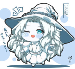 Rule 34 | 1girl, ;d, absurdres, afterimage, blue eyes, blush, chibi, collared dress, dress, elden ring, facial mark, forehead, full body, grey hair, hat, highres, kurukurumagical, long hair, notice lines, one eye closed, open mouth, pale skin, parted bangs, ranni the witch, shadow, smile, solo, speed lines, standing, standing on one leg, translation request, very long hair, white background, white dress, white hat, wide sleeves, witch hat