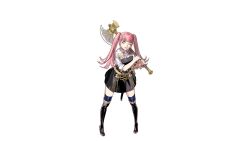 Rule 34 | 1girl, axe, boots, commentary, english commentary, female focus, fire emblem, fire emblem: three houses, full body, garreg mach monastery uniform, high heel boots, high heels, hilda valentine goneril, holding, holding axe, kurahana chinatsu, long hair, long sleeves, matching hair/eyes, nintendo, official art, one eye closed, pink eyes, pink hair, simple background, smile, solo, twintails, uniform, weapon, white background, wink