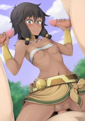 Rule 34 | 10s, 1girl, 3boys, :d, :q, alfort (may0508), amazon warrior, armlet, bandeau, bare arms, bare legs, bare shoulders, black hair, bottomless, brace, bracelet, braid, breasts, censored, circlet, clothed female nude male, clothed sex, clothes lift, cloud, collarbone, cowgirl position, dark-skinned female, dark skin, double handjob, dungeon ni deai wo motomeru no wa machigatteiru darou ka, flat chest, girl on top, green eyes, group sex, hair between eyes, hair ornament, handjob, highres, interracial, jewelry, legs, licking lips, looking at viewer, midriff, mosaic censoring, multiple boys, multiple penises, navel, neck ring, necklace, nipple slip, nipples, no panties, nude, open mouth, outdoors, penis, pussy, sex, short hair, sky, small breasts, smile, solo focus, spread legs, standing, stomach, straddling, strapless, sweat, sword oratoria, tiona hiryute, tongue, tongue out, tube top, tube top lift, vaginal, white tube top