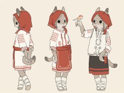Rule 34 | 1girl, :&lt;, animal ears, arms behind back, bird, bird on hand, cat ears, cat girl, cat tail, dress, ears through headwear, furry, furry female, grey hair, hood, light smile, looking at viewer, multiple views, profile, red hood, simple background, tail, traditional clothes, yagi (s1120411)
