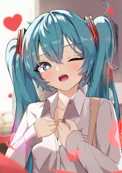 Rule 34 | 1girl, absurdres, blue eyes, blue hair, breast pocket, collarbone, collared shirt, dress shirt, hair ornament, hatsune miku, highres, long hair, long sleeves, nail polish, one eye closed, open mouth, pixelsorting, pocket, red nails, shirt, sleeves past wrists, solo, twintails, upper body, vocaloid, white shirt, wing collar