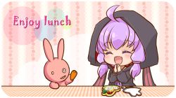 Rule 34 | 1girl, :d, ^ ^, ahoge, animal ears, blush, carrot, chibi, closed eyes, colored eyelashes, english text, fork, hair ornament, hood, hooded jacket, jacket, long hair, long sleeves, lunchbox, open mouth, own hands together, purple hair, rabbit, ruruko (artist), smile, solo, twintails, vocaloid, voiceroid, yuzuki yukari