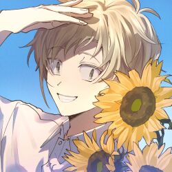 Rule 34 | 1boy, :d, blonde hair, blue sky, buttons, collared shirt, colored eyelashes, commentary, day, flower, hand on own head, highres, kagerou project, kano shuuya, leaf, light brown hair, looking at viewer, male focus, mokemoke chan, open mouth, outdoors, shirt, short hair, sideways glance, sky, smile, solo, sunflower, sunlight, teeth, upper body, white shirt, wispy bangs, yellow eyes, yellow flower