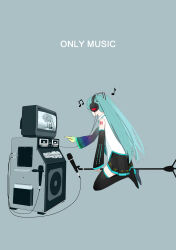 Rule 34 | 1girl, absurdres, aqua hair, bananafish1111, bare shoulders, blue background, boots, commentary request, detached sleeves, english text, hatsune miku, headphones, highres, long hair, microphone, microphone stand, project sekai, simple background, sleeves past wrists, solo, television, thigh boots, twintails, vocaloid