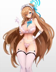Rule 34 | 1girl, asuna (blue archive), asymmetrical bangs, black choker, blue archive, blue bow, blue bowtie, blue eyes, bow, bowtie, bra, breasts, choker, cleavage, detached collar, garter belt, gloves, hair bow, hair over one eye, halo, hand on own hip, highres, lace, lace-trimmed bra, lace-trimmed panties, lace trim, large breasts, light brown hair, long hair, maid headdress, mole, mole on breast, notte, panties, smile, solo, traditional bowtie, underwear, white bra, white gloves, white panties