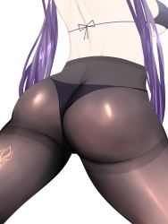 Rule 34 | 1girl, ass, ass focus, black pantyhose, butt crack, genshin impact, highres, huge ass, keqing (genshin impact), panties, panties under pantyhose, pantyhose, purple hair, sana!rpg, simple background, solo, thighs, underwear, white background