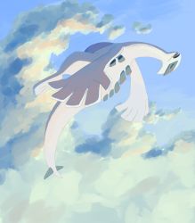 Rule 34 | cloud, commentary, creatures (company), day, closed eyes, flying, from side, game freak, gen 2 pokemon, highres, legendary pokemon, lugia, nintendo, no humans, open mouth, outdoors, pokemon, pokemon (creature), sky, solo, torinoko (miiko draw)