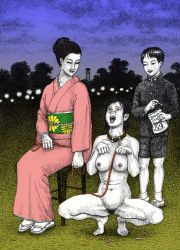 Rule 34 | 1boy, 2girls, barefoot, clothed female nude female, clothed male nude female, collar, hair bun, humiliation, japanese clothes, kimono, leash, multiple girls, muroi asaji, nude, open mouth, outdoors, pet play, pubic hair, public indecency, public nudity, short hair, shorts, single hair bun, sitting, slave, small nipples, squatting, standing, tabi, tongue, tongue out, uncensored, what