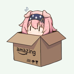 Rule 34 | 1girl, amazon (company), animal ears, arknights, black hairband, box, brand name imitation, cardboard box, cat ears, cat girl, chibi, floppy ears, flying sweatdrops, fragile symbol, goldenglow (arknights), hair ornament, hairband, hairclip, in box, in container, kibashiba, logo parody, pink hair, print hairband, simple background, solo, white background, | |