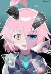 Rule 34 | 2girls, absurdres, ahoge, blue archive, blue eyes, broken glass, fang, glass, green hair, heterochromia, highres, hoshino (blue archive), hoshino (young) (blue archive), looking at viewer, multiple girls, necktie, nong npt, open mouth, pink hair, short hair, smile, spoilers, twitter username, vest, yellow eyes, yume (blue archive)
