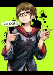 Rule 34 | 1girl, absurdres, black-framed eyewear, black border, border, brown hair, english text, female focus, finger gun, glasses, green background, grin, hair bobbles, hair ornament, hairclip, highres, looking at viewer, original, outside border, pointing, pointing to the side, red sailor collar, rope marks, sailor collar, shibata ico, short twintails, smile, solo, twintails