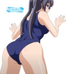 Rule 34 | 1girl, against wall, ass, blush, breasts, come hither, eroge! h mo game mo kaihatsu zanmai, extraction, glasses, grey hair, highres, kosaka iori, large breasts, long hair, one-piece swimsuit, red eyes, sideboob, smile, swimsuit, thick thighs, thighs, third-party edit, twintails
