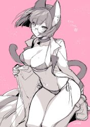 Rule 34 | 1girl, animal ears, bob cut, breasts, cat ears, cat tail, choker, closed mouth, collarbone, fake animal ears, fake tail, glasses, greyscale, greyscale with colored background, heris ardebit, highres, jacket, kneeling, large breasts, looking at viewer, monochrome, navel, open clothes, open jacket, pink background, promare, round eyewear, shoes, short hair, sketch, solo, tail, takatsuki ichi