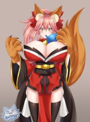Rule 34 | 1girl, absurdres, alternate breast size, animal ear fluff, animal ears, animal hands, artist request, bare shoulders, bell, black legwear, blush, breast expansion, breasts, bursting breasts, cat paws, cleavage, collar, covered erect nipples, detached sleeves, fate/grand order, fate (series), fox ears, fox girl, fox tail, gloves, grey background, hair ribbon, highres, inflation, japanese clothes, jingle bell, large breasts, long hair, looking at viewer, neck bell, paw gloves, pink hair, ponytail, red ribbon, ribbon, simple background, solo, tail, tamamo (fate), tamamo cat (fate), yellow eyes