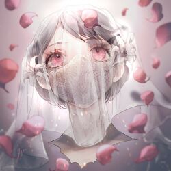 Rule 34 | 1girl, blurry, blurry foreground, brown background, brown hair, looking up, mask, mouth mask, nemumi no sora, original, petals, portrait, red eyes, short hair, solo, upper body, veil