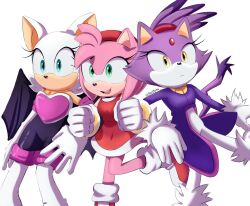 Rule 34 | 3girls, amy rose, animal ears, bad id, bad twitter id, bat ears, bat girl, bat wings, blaze the cat, cat ears, cat girl, cat tail, dress, eyelashes, forehead jewel, fur-trimmed gloves, fur trim, furry, furry female, gloves, gold necklace, green eyes, hairband, heart, hedgehog girl, highres, jacket, jewelry, locked arms, multiple girls, necklace, pants, ponytail, purple fur, purple jacket, red dress, rouge the bat, sonic (series), steffybs, tail, white background, white gloves, white pants, wings, yellow eyes