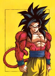 1boy artist_name black_hair blue_sash body_fur catdestroyer cowboy_shot dragon_ball dragon_ball_gt highres long_hair looking_at_viewer male_focus monkey_tail muscular muscular_male pants red_fur red_tail sash signature simple_background solo son_goku spiked_hair super_saiyan super_saiyan_4 tail topless_male yellow_background yellow_eyes yellow_pants