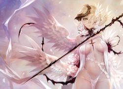 Rule 34 | 1girl, angel, apt, arms behind back, blonde hair, breasts, center opening, cleavage, demon, feathers, flower, glowing tattoo, hair over one eye, highres, image sample, medium breasts, midriff, navel, original, pelvic curtain, polearm, rose, scar, short hair, solo, spear, tattoo, twitter sample, underboob, weapon, wings