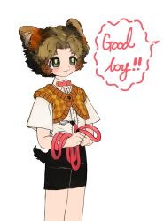 Rule 34 | 1boy, animal ears, black shorts, bow, bowtie, brown hair, brown vest, closed mouth, collared shirt, cowboy shot, cropped vest, dog ears, dog tail, english text, green eyes, highres, holding, holding leash, leash, male focus, original, red bow, red bowtie, shima (wansyon144), shirt, short hair, short sleeves, shorts, simple background, smile, solo, standing, tail, vest, white background, white shirt