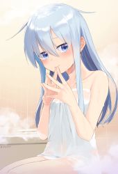 Rule 34 | 1girl, bathroom, bathtub, blue eyes, blush, closed mouth, collarbone, commentary request, dx (dekusu), hair between eyes, hibiki (kancolle), highres, indoors, kantai collection, long hair, looking at viewer, own hands together, see-through, silver hair, solo, steam, tile wall, tiles, twitter username, water drop, wet, wet clothes