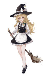 Rule 34 | 1girl, :d, apron, arm behind back, black dress, black footwear, black hat, blonde hair, blush, bow, broom, collared shirt, dress, female focus, frilled apron, frilled dress, frills, hat, hat bow, highres, holding, holding broom, kirisame marisa, long hair, long sleeves, looking at viewer, mary janes, open mouth, reddizen, shirt, shoes, short dress, smile, solo, star (symbol), teeth, touhou, upper teeth only, waist apron, white background, white bow, white legwear, white shirt, witch hat, yellow eyes