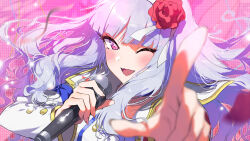 Rule 34 | 1girl, ;d, blurry, depth of field, flower, foreshortening, grey hair, hair flower, hair ornament, highres, holding, holding microphone, idol, idolmaster, idolmaster (classic), idolmaster million live!, long hair, looking at viewer, microphone, midnamana, one eye closed, open mouth, oshi no ko, pointing, pointing at viewer, pose imitation, shijou takane, smile, solo, star-shaped pupils, star (symbol), starpiece memories (idolmaster), symbol-shaped pupils, upper body, very long hair