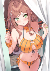 Rule 34 | 1girl, bare arms, bare shoulders, bikini, breasts, brown hair, choker, cleavage, cleavage cutout, clothing cutout, cowboy shot, curtains, front-tie bikini top, front-tie top, frown, green eyes, green nails, hair ornament, hairclip, halterneck, hands up, highres, hisen kaede, indoors, large breasts, long hair, looking at viewer, low twintails, nail polish, navel, open mouth, orange bikini, orange choker, original, ribbon choker, scrunchie, side-tie bikini bottom, sidelocks, solo, standing, stomach, string bikini, striped bikini, striped clothes, swimsuit, thigh gap, thighs, tojo senri (hisen kaede), twintails, v-shaped eyebrows, vertical-striped bikini, vertical-striped clothes, wrist scrunchie
